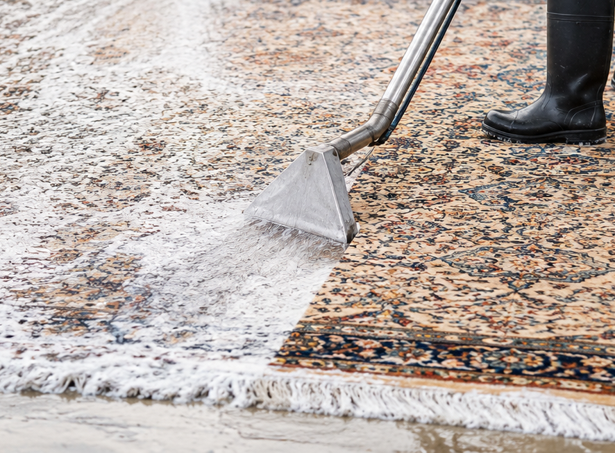 Technician applying specialised stain treatment to a rug in Lewisville.