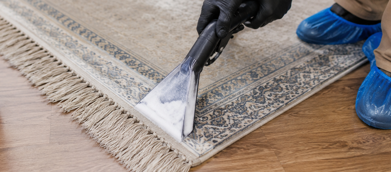 Clean rug with restored fibres and fringes after professional cleaning.