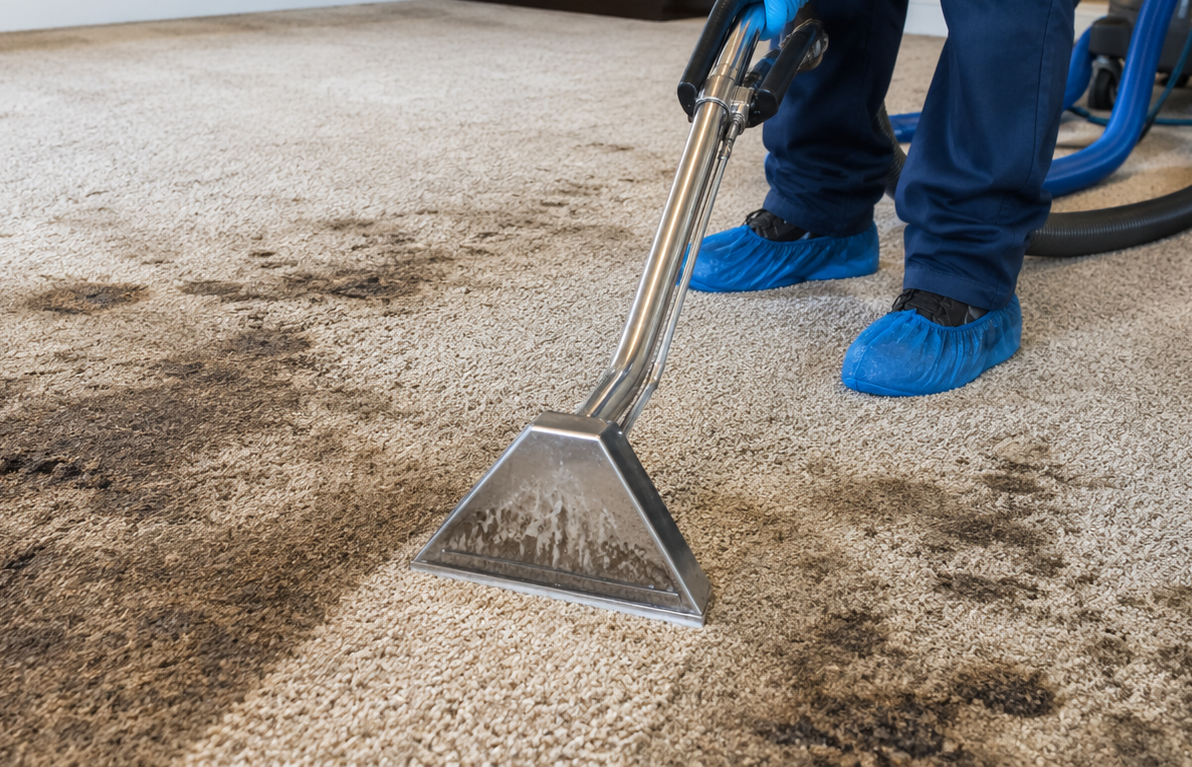 Technician performing carpet stain removal on a residential carpet in Lewisville.