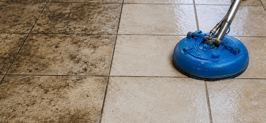 Rotary surface cleaning equipment restoring tile floors.