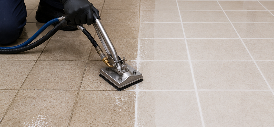 Clean tile floor with restored grout lines after professional service.